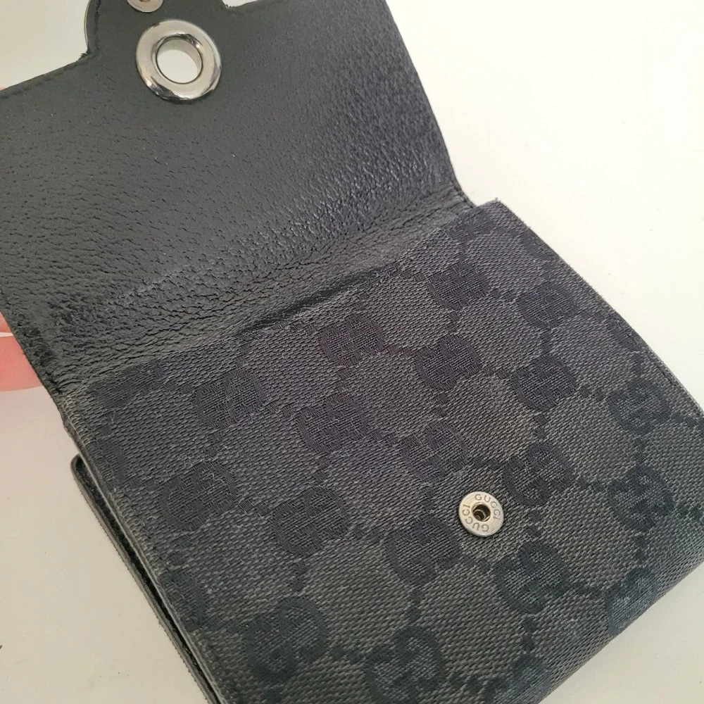 Gucci GG Monogram Canvas Bifold Wallet Black Silver Logo Hardware Made in Italy